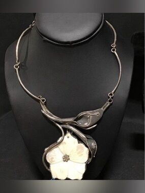 VINTAGE LARGE CARVED FLOWER MOP STERLING SILVER 925 LINK NECKLACE 17.5" HANDMADE